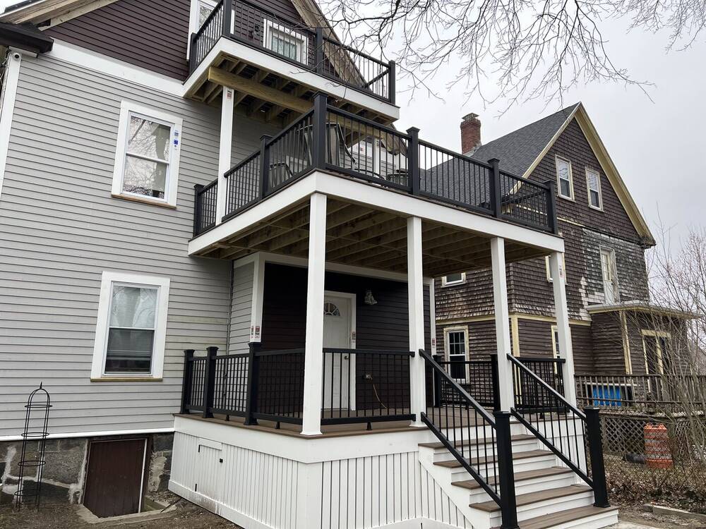 Close view of the new porch, upper deck and stairs